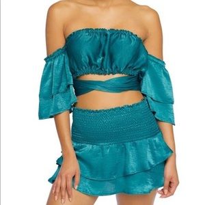 2-PC Satin Off Shoulder Skirt Set